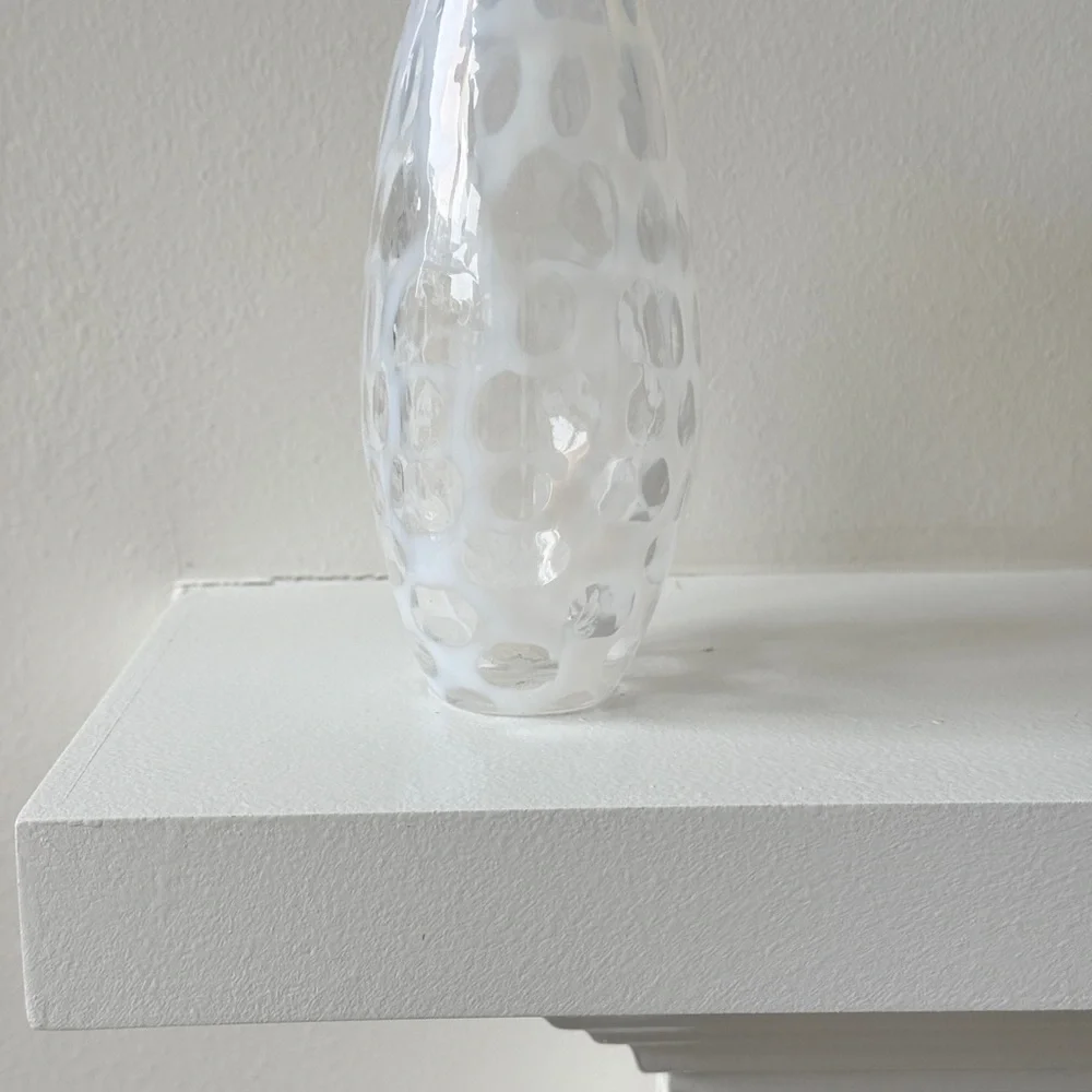 Crate & Barrel Moonstone Lacy Opalescent Clear White Art Glass Vase Mother's Day - Picture 2 of 3